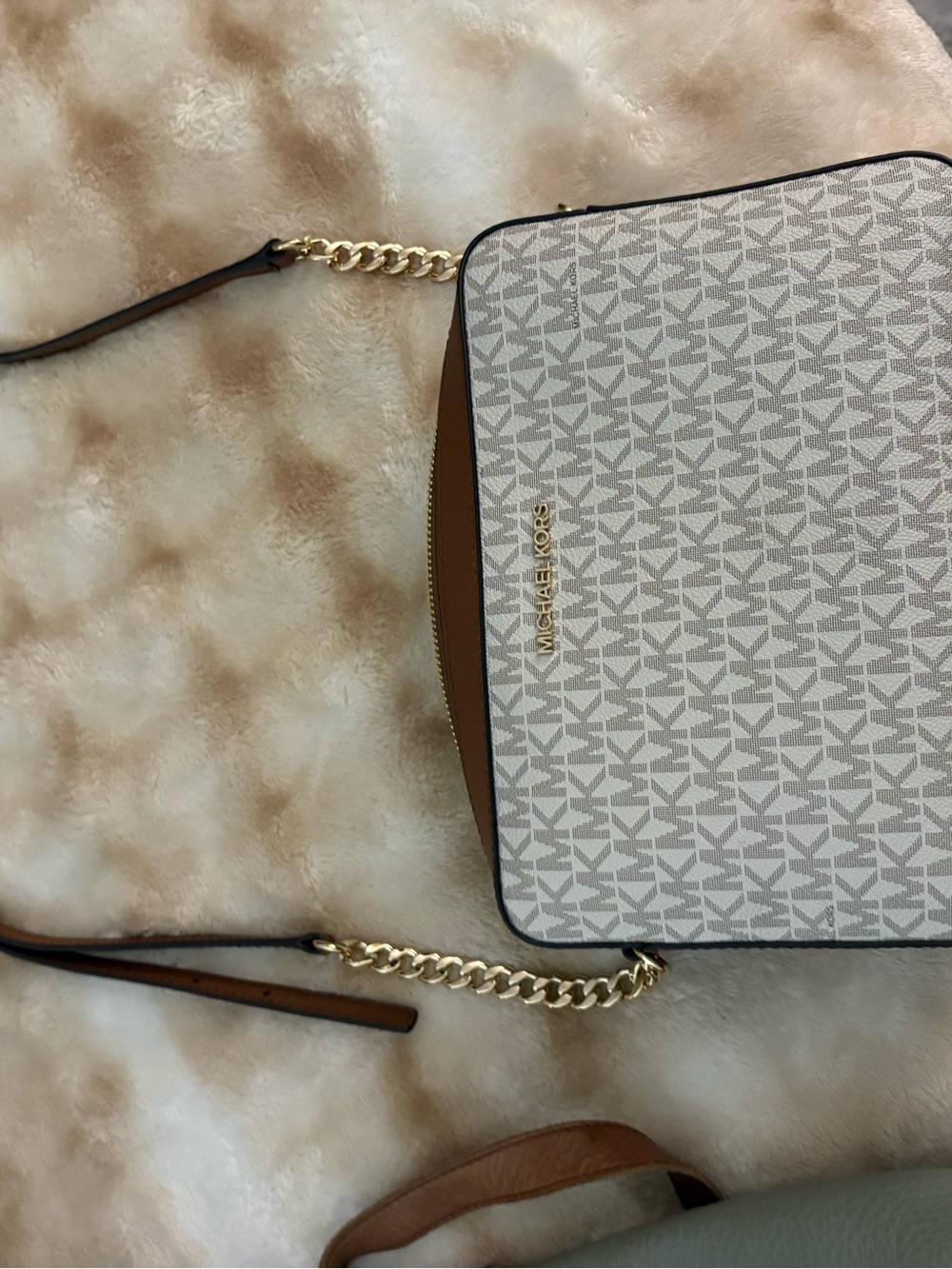 Michael Kors Signature Crossbody Bag in Vanilla and Brown with Gold Hardware